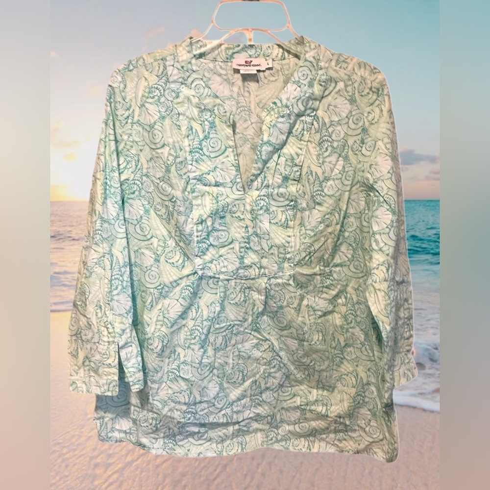 Vineyard Vines Allover Shells Tunic Top in “Capri Blue” Women’s Size L